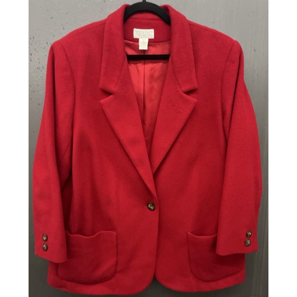 Vintage Lands End Blazer Jacket Women 16P Red Wool Cashmere Pockets Career